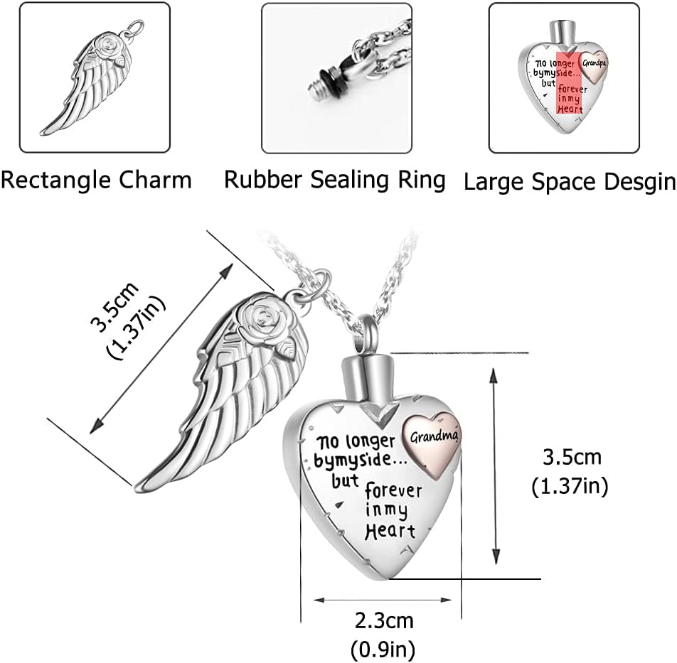 Heart Pendant Necklace, Cremation Necklace for Ashes for Women/Men, Urn Necklace for Ashes Angel Wing Jewelry Memorial Pendant- No Longer by My Side but Forever in My Heart- Pendant for Grandma